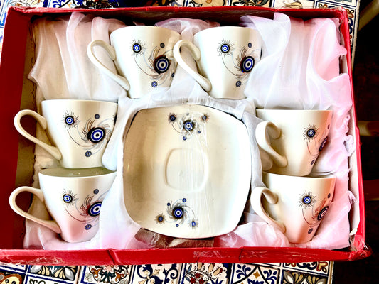 White Traditional Size Evil Eye Set of 6 Turkish Coffee Cups