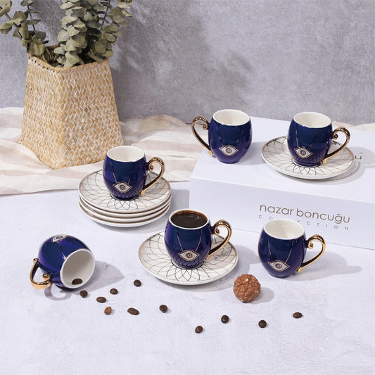 Dark Blue Evil Eye Set Of 6 Turkish Cups & 6 Saucers