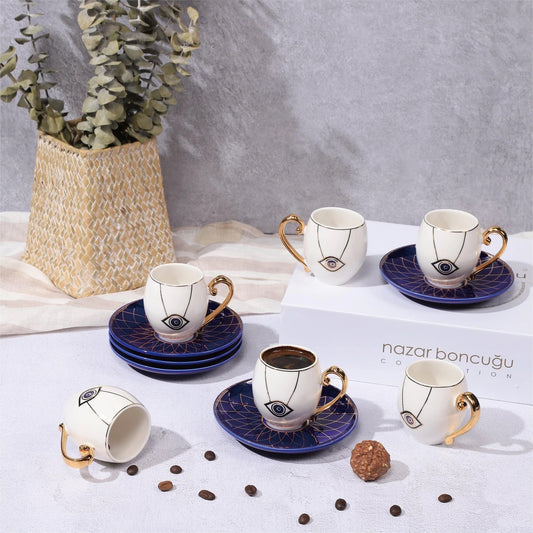 White Evil Eye Set of 6 Turkish Coffee Cups & Saucers