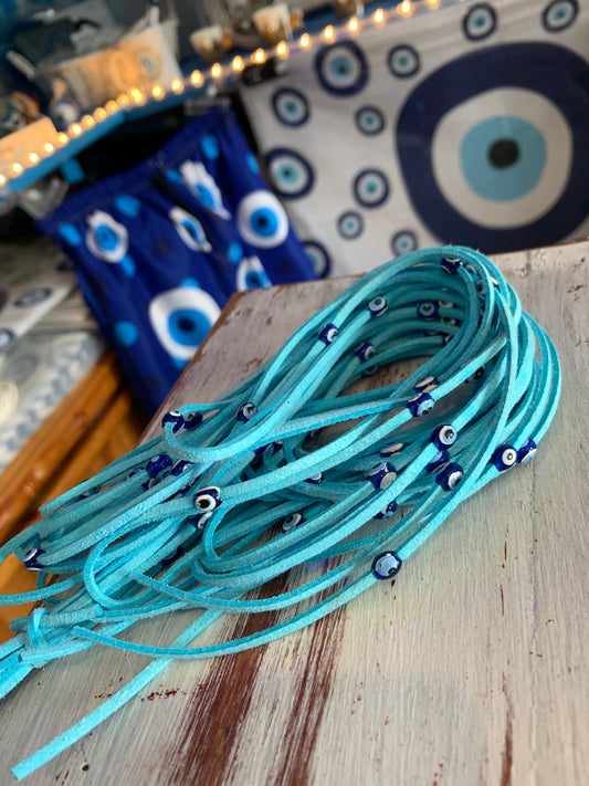 Light Blue Leather Evil Eye Wrap