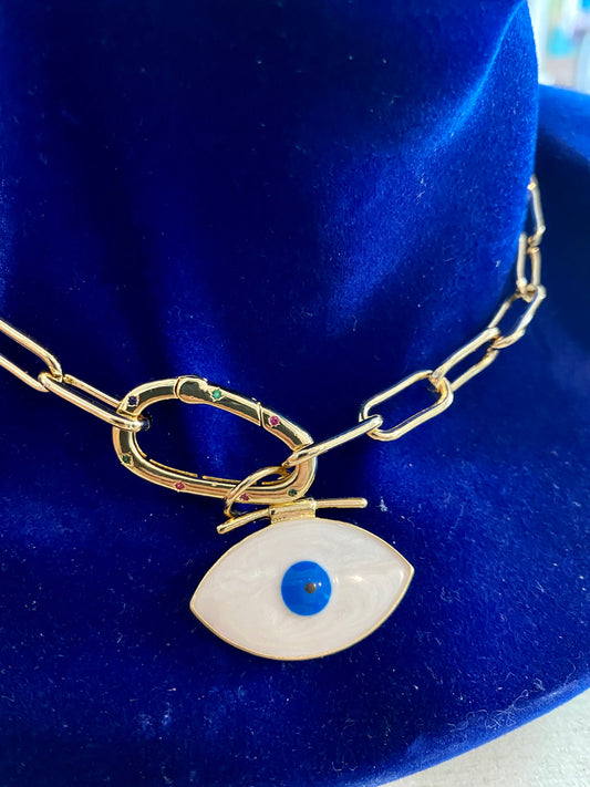 Necklace - white evil eye gold chain