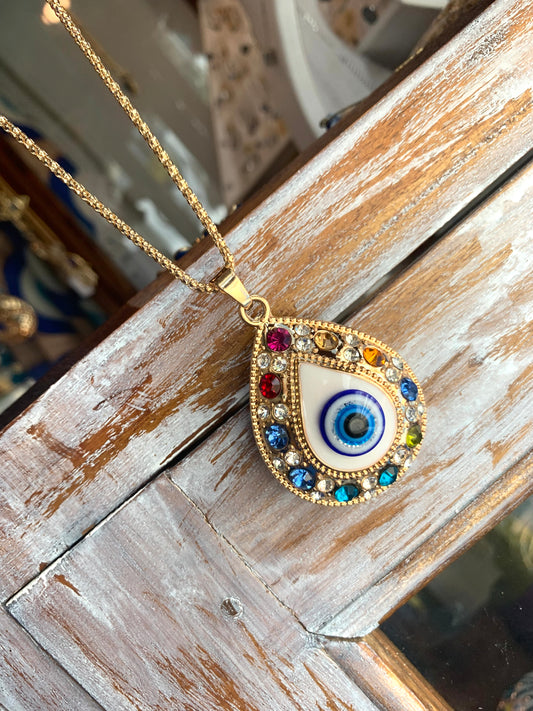 Rainbow Crystal Evil Eye Necklace